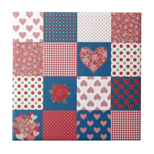 Harten en Rozen Faux Patchwork Keramische Tegel Tegeltje (Voorkant)