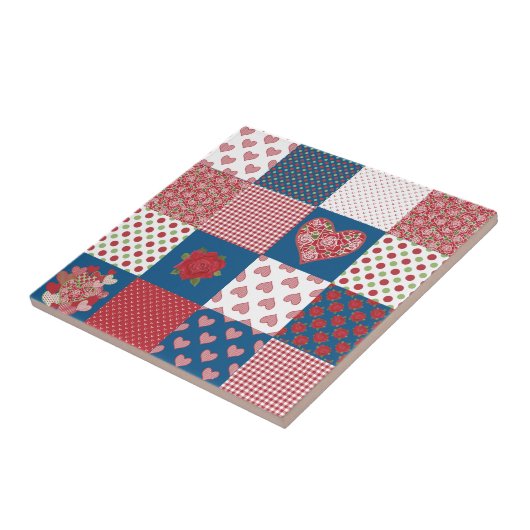 Harten en Rozen Faux Patchwork Keramische Tegel Tegeltje (Zijkant)