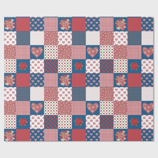 Harten en Rozen Faux Patchwork Wrapping Paper Cadeaupapier (Vlak)