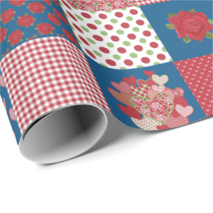 Harten en Rozen Faux Patchwork Wrapping Paper Cadeaupapier