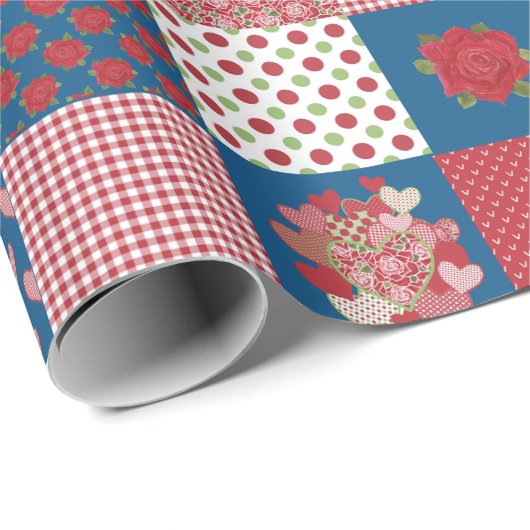 Harten en Rozen Faux Patchwork Wrapping Paper Cadeaupapier (Rol Hoek)