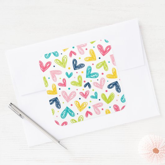 Harten en stippen in doodle stijl vierkante sticker (Envelop)