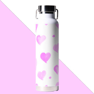 Harten en Stippen Roze Waterverf Patroon Waterfles