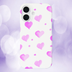 Harten en Stippen Waterverf Patroon Roze iPhone 16 Hoesje