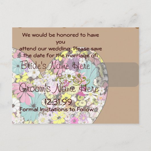 Harten en wilde bloemen redden de datum aankondigingskaart (Achterkant)