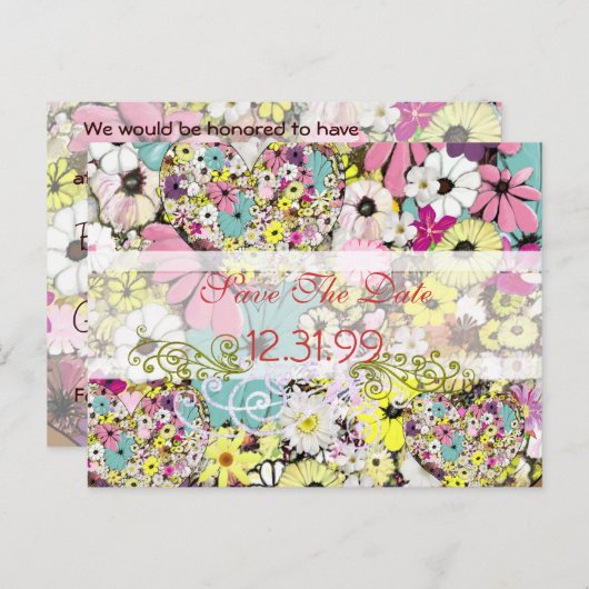 Harten en wilde bloemen redden de datum aankondigingskaart (Voorkant / Achterkant)