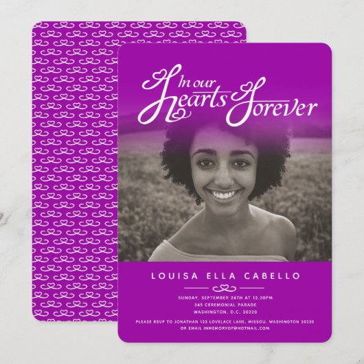 Harten foto roze paarse begrafenis uitnodigingen (Voorkant / Achterkant)