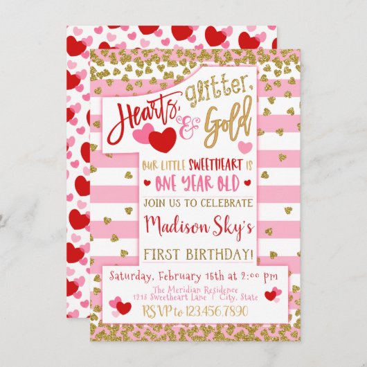 Harten, Glitter en Goud! Valentijn 1e verjaardag Kaart (Voorkant / Achterkant)