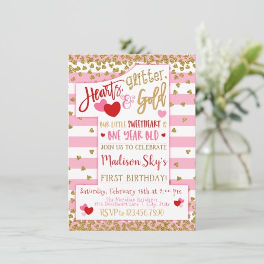Harten, Glitter en Goud! Valentijn 1e verjaardag Kaart (Staand voorkant)