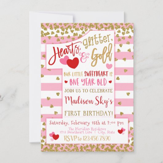 Harten, Glitter en Goud! Valentijn 1e verjaardag Kaart (Voorkant)