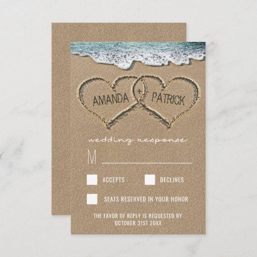 Harten in de Sand Beach Shore bruiloft RSVP Kaarte (Voorkant / Achterkant)