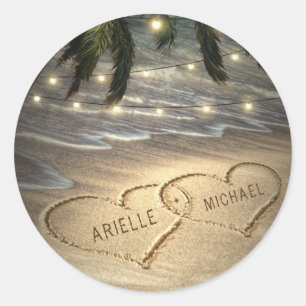 Harten in de Zand Beach Shore Palm Tree bruiloft Ronde Sticker