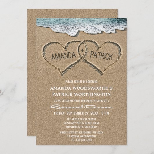 Harten in de Zandrepetitie Diner Uitnodigingen (Voorkant / Achterkant)