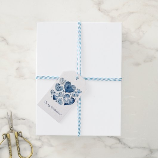 Harten in Delfts Blauw, valentijn, aanpasbaar Cadeaulabel (Met Touw)