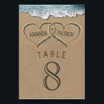 Harten in het Zand Bruiloft Tafel Aantal Kaarten<br><div class="desc">Hearts in the Sand Wedding Table Number Kaarten - bevat harten in het zand die je kunt "snijden" of "schrijven" je eigen namen in.</div>