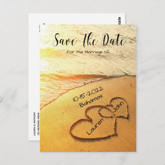 Harten in het zand op het strand bruiloft sparen d briefkaart (Voorkant / Achterkant)