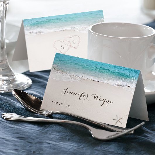 Harten in het zand strand bruiloft Place Card Kaart