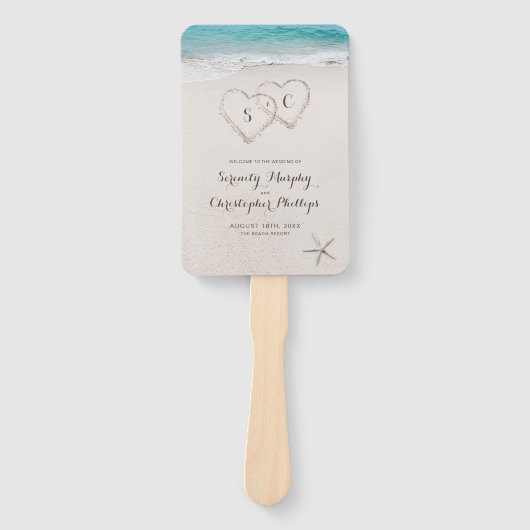 Harten in het zand strand bruiloft programma handwaaier (Voorkant)
