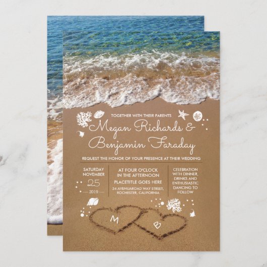 Harten in het Zand Zomer Strand Bruiloft Kaart (Voorkant / Achterkant)