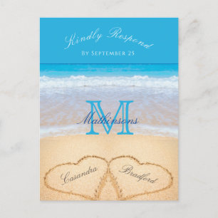 Harten in het zandstrand Wedding Blue RSVP Briefkaart