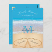 Harten in het zandstrand Wedding Blue RSVP Briefkaart (Voorkant / Achterkant)