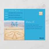 Harten in het zandstrand Wedding Blue RSVP Briefkaart (Achterkant)