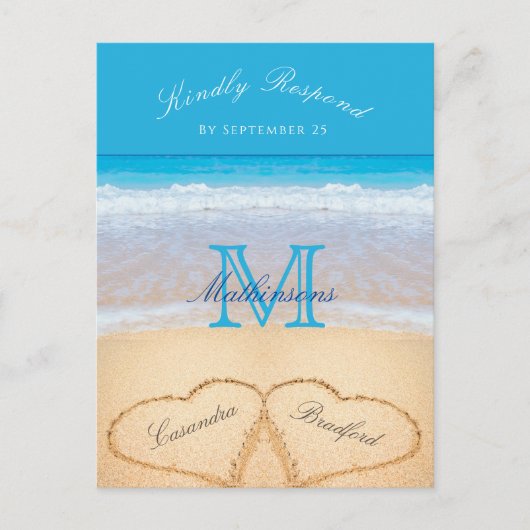 Harten in het zandstrand Wedding Blue RSVP Briefkaart (Voorkant)