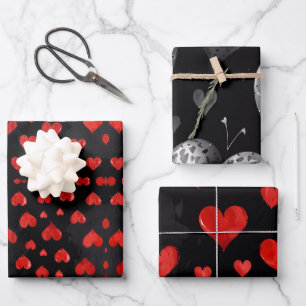 Harten in rood en zilver inpakpapier vel