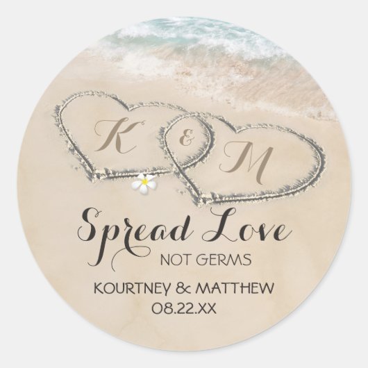 Harten in Zand Hand Sanitizer Bruiloft Favor Ronde Sticker (Voorkant)