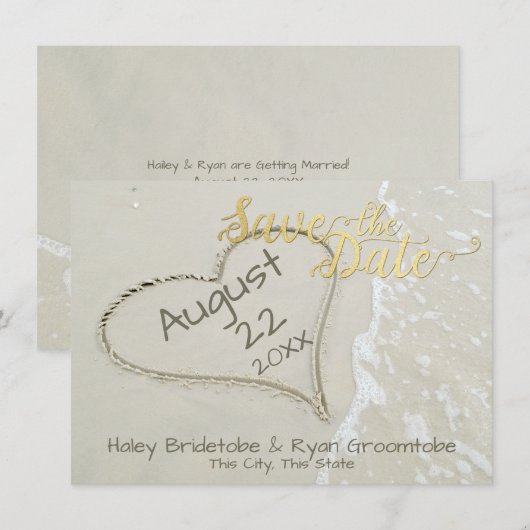 Harten in Zand Strand Bruiloft Save The Date (Voorkant / Achterkant)