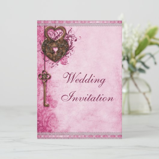 Harten Lock en Key Roze Bruiloft Kaart (Staand voorkant)