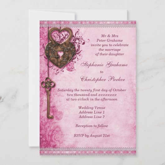 Harten Lock en Key Roze Bruiloft Kaart (Achterkant)