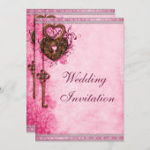 Harten Lock en Key Roze Bruiloft Kaart (Voorkant / Achterkant)