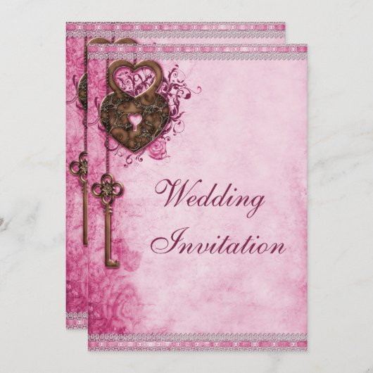 Harten Lock en Key Roze Bruiloft Kaart (Voorkant / Achterkant)