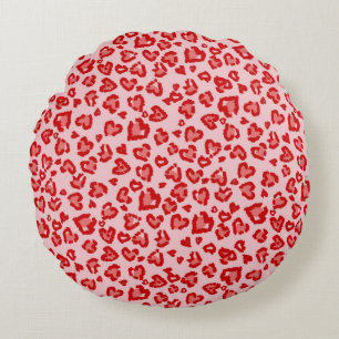 Harten Luipaard Patroon in Rood op Blush Rond Kussen