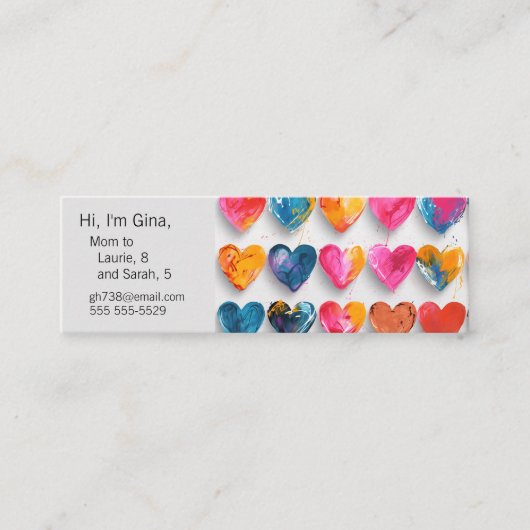 Harten met schetssporen en druppels mini visitekaartje (Voorkant)