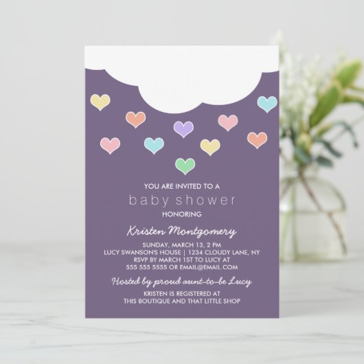 Harten met wolken en pasta's | Paars Baby shower U Kaart (Staand voorkant)