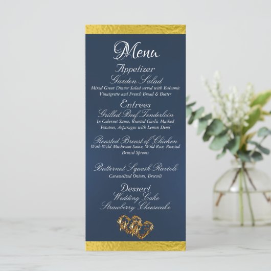 Harten & Monogram - Blauw/Goud Huwelijk Menu (Staand voorkant)