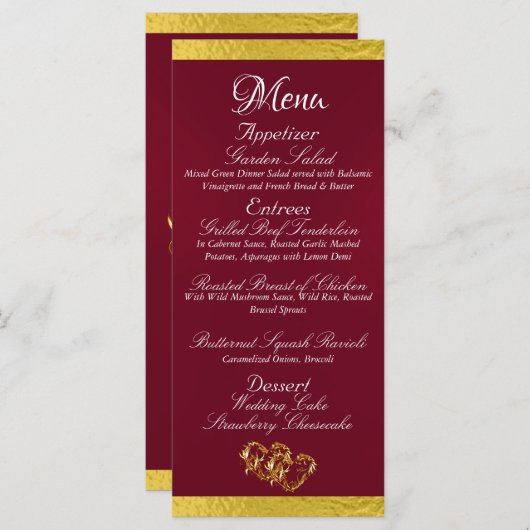 Harten & Monogram - Bordeaux/Goud Trouwen Menu (Voorkant / Achterkant)