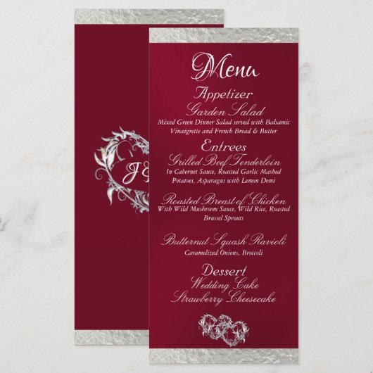 Harten & Monogram - Bourgondië / Zilveren bruiloft Menu (Voorkant / Achterkant)