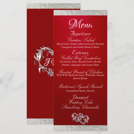 Harten & Monogram - Crimson / Zilveren bruiloft Menu (Voorkant / Achterkant)