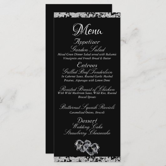 Harten, Monogram & Glitter - Zwarte bruiloft Menu (Voorkant / Achterkant)