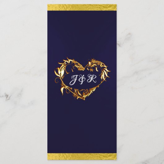 Harten & Monogram - Marine Blauw/Goud Trouwen Menu (Achterkant)