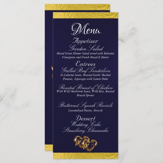 Harten & Monogram - Marine Blauw/Goud Trouwen Menu (Voorkant / Achterkant)