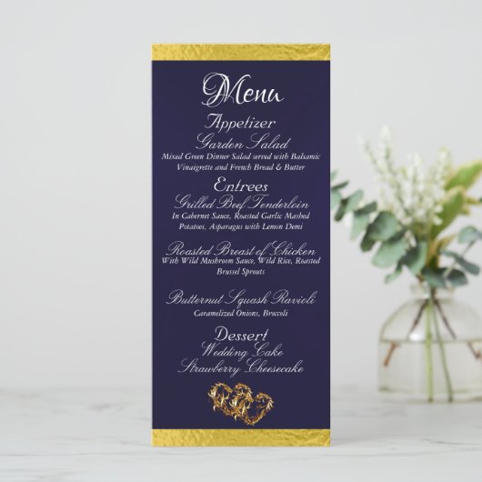 Harten & Monogram - Marine Blauw/Goud Trouwen Menu (Staand voorkant)
