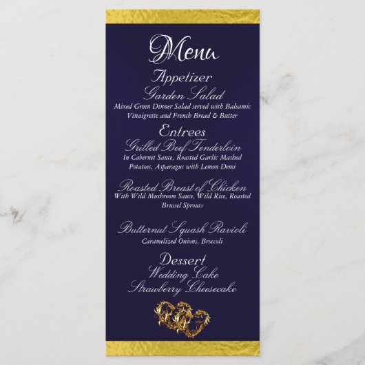 Harten & Monogram - Marine Blauw/Goud Trouwen Menu (Voorkant)