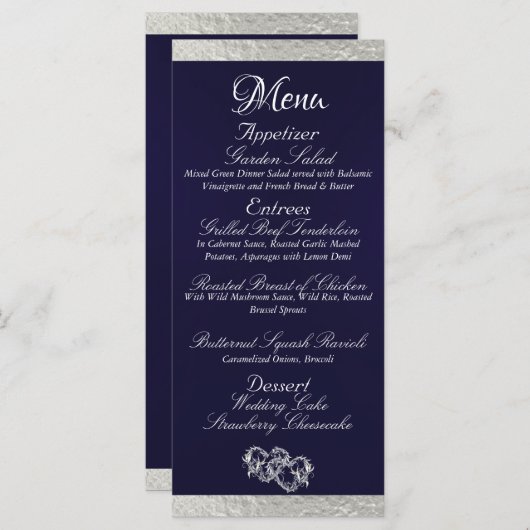 Harten & Monogram - Navy Blauw/Zilver Wedding Menu (Voorkant / Achterkant)