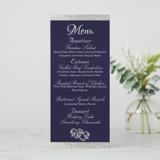 Harten & Monogram - Navy Blauw/Zilver Wedding Menu (Staand voorkant)