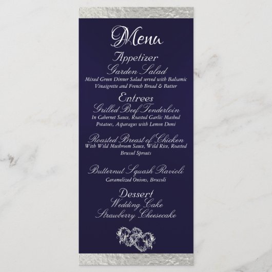 Harten & Monogram - Navy Blauw/Zilver Wedding Menu (Voorkant)