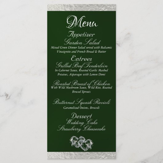 Harten & Monogram - Smaragden/Zilveren bruiloft Menu (Voorkant)